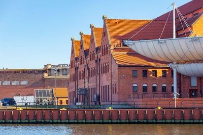 Low angle view of buildings against clear sky