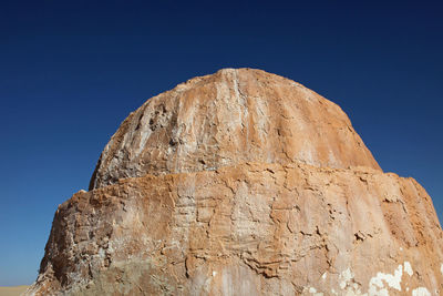 Low angle view of rocks against clear blue sky