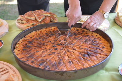 High angle view of man preparing food