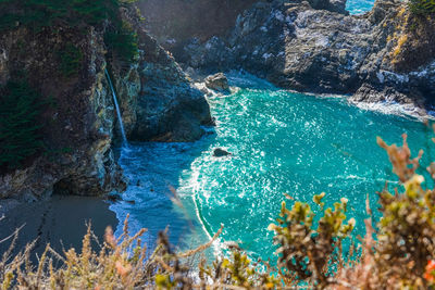 High angle view of sea and rocks