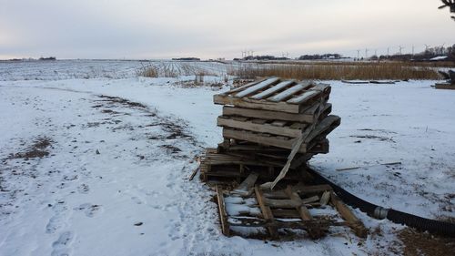 Scenic view of frozen field against sky