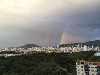 Scenic view of rainbow over town against sky