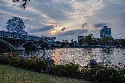 Bridge over river in city against sky during sunset