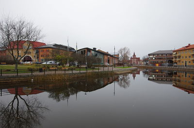 Reflection of buildings on lake against sky