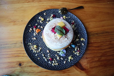 High angle view of dessert in plate on table
