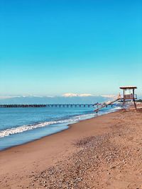 Scenic view of beach against clear blue sky