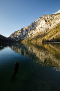 Scenic view of lake and mountains against clear blue sky