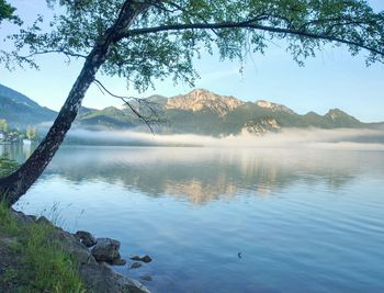 Pebble or rocky shore of the mountain lake, in the distance you can see the sharp alps mountains