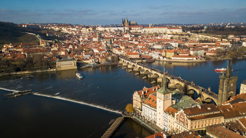 High angle view of river amidst buildings in city