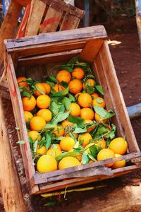 High angle view of oranges in crate at market