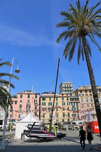 People by palm trees and city against sky