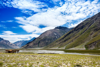 Scenic view of landscape and mountains against sky