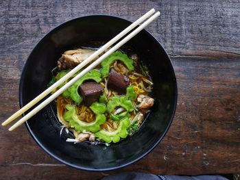 High angle view of food in plate on table