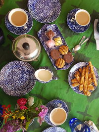 High angle view of various food on table