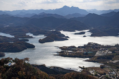 Scenic view of lake and mountains against sky