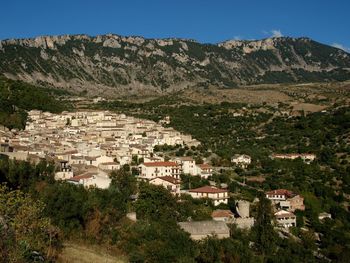 View of town against mountain range