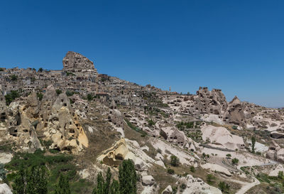 Scenic view of rocky mountains against clear blue sky