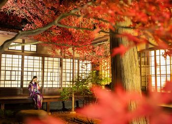 Woman sitting in park during autumn