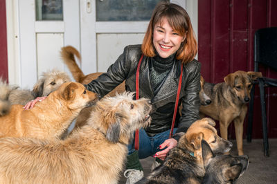 Dog at the shelter. animal shelter volunteer takes care of dogs. lonely dogs in cage