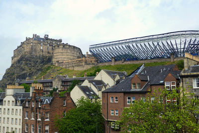 Buildings in town against cloudy sky