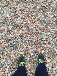 Low section of person standing on pebbles