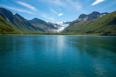 Scenic view of lake and mountains against sky