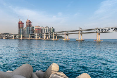 Bridge over river with city in background