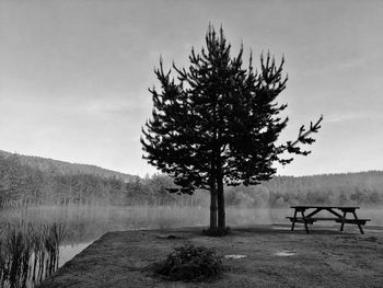 Empty bench on field against sky