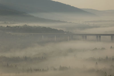 Viaduct on sunrise with morning mist in mountains of croatia