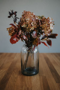 Close-up of flowers in glass on table