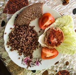 High angle view of breakfast served on table