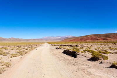 Scenic view of desert against clear blue sky