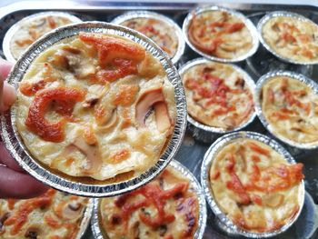 High angle view of pizza on table