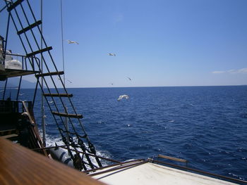 Cropped image of boat sailing in sea by birds flying against clear blue sky