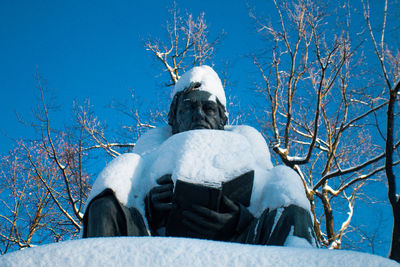 Low angle view of horse on snow covered landscape