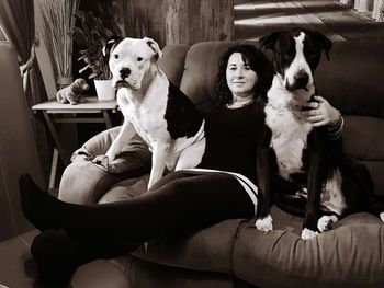 Portrait of woman with dogs on sofa at home