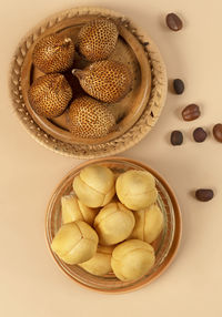 High angle view of fruits in bowl on table