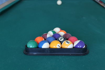 High angle view of billiards balls on table