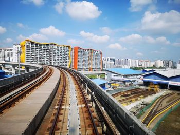 High angle view of railroad tracks amidst buildings in city