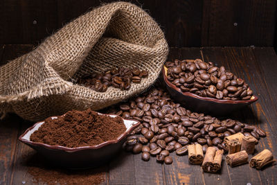 High angle view of coffee beans on table