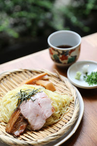 High angle view of food in plate on table