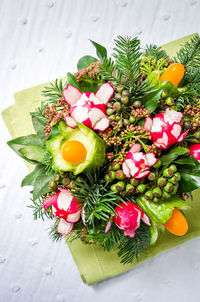 High angle view of party food on table