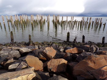 Close-up of wooden posts in sea against sky