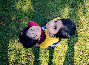 High angle view of two children