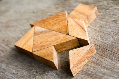High angle view of wooden blocks on table