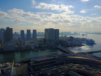 High angle view of city at waterfront