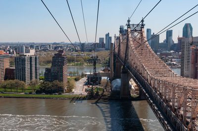 Bridge over river in city against sky