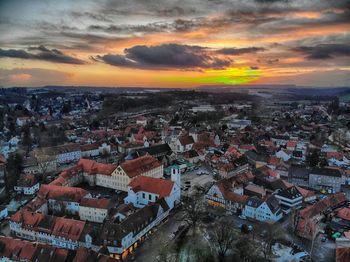 High angle view of cityscape against sky during sunset