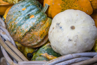 Close-up of pumpkins for sale at market stall