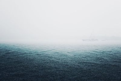 Sailboat sailing on sea against clear sky